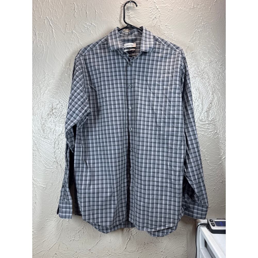 Calvin Klein Mens Button Down Gray White Long Sleeve Dress Shirt‎ Size 16 34/35